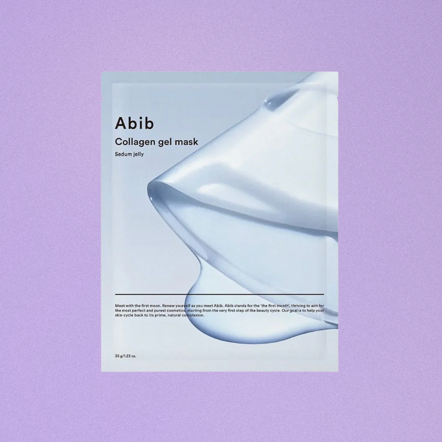 Abib collagen gel mask packaging on a purple background