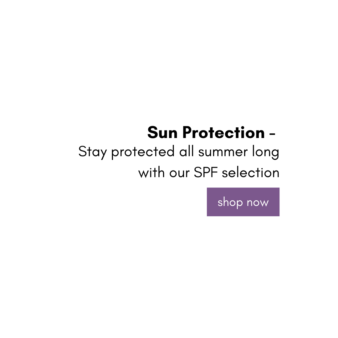Promotional text for sun protection with a 'shop now' button on a white background