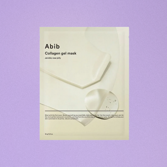Abib collagen gel mask packaging on a purple background