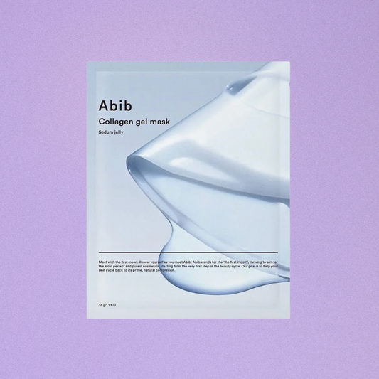 Abib collagen gel mask packaging on a purple background