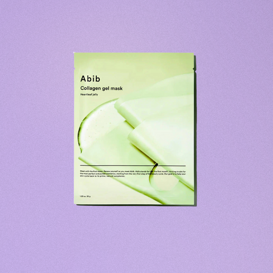 Abib collagen gel mask packaging on a purple background